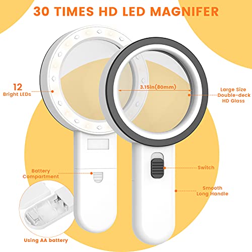 AIXPI Magnifying Glass with Light, 30X Handheld Large Magnifying Glass